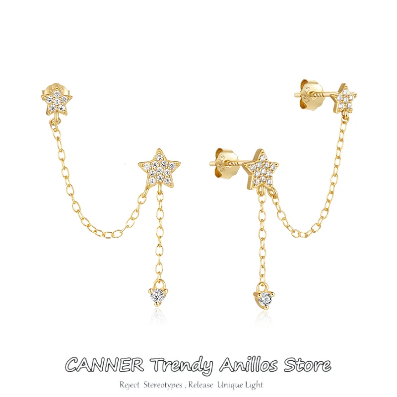

CANNER 925 Sterling Silver Double Ear Studs Tassel Chains Five-Pointed Star Hanging Earrings for Women Ear Piercing Luck Jewelry