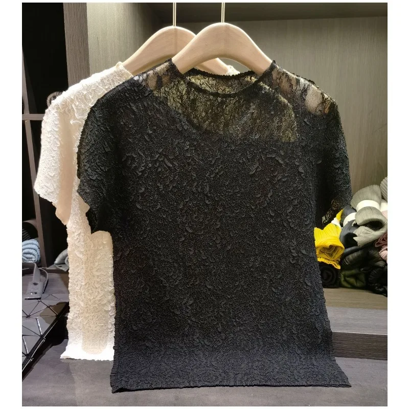 Miyake Pleated T-Shirt 2026 Summer New Spliced Lace Round Neck Short Sleeve Loose Versatile Lightweight Stretch Women's Fold Top