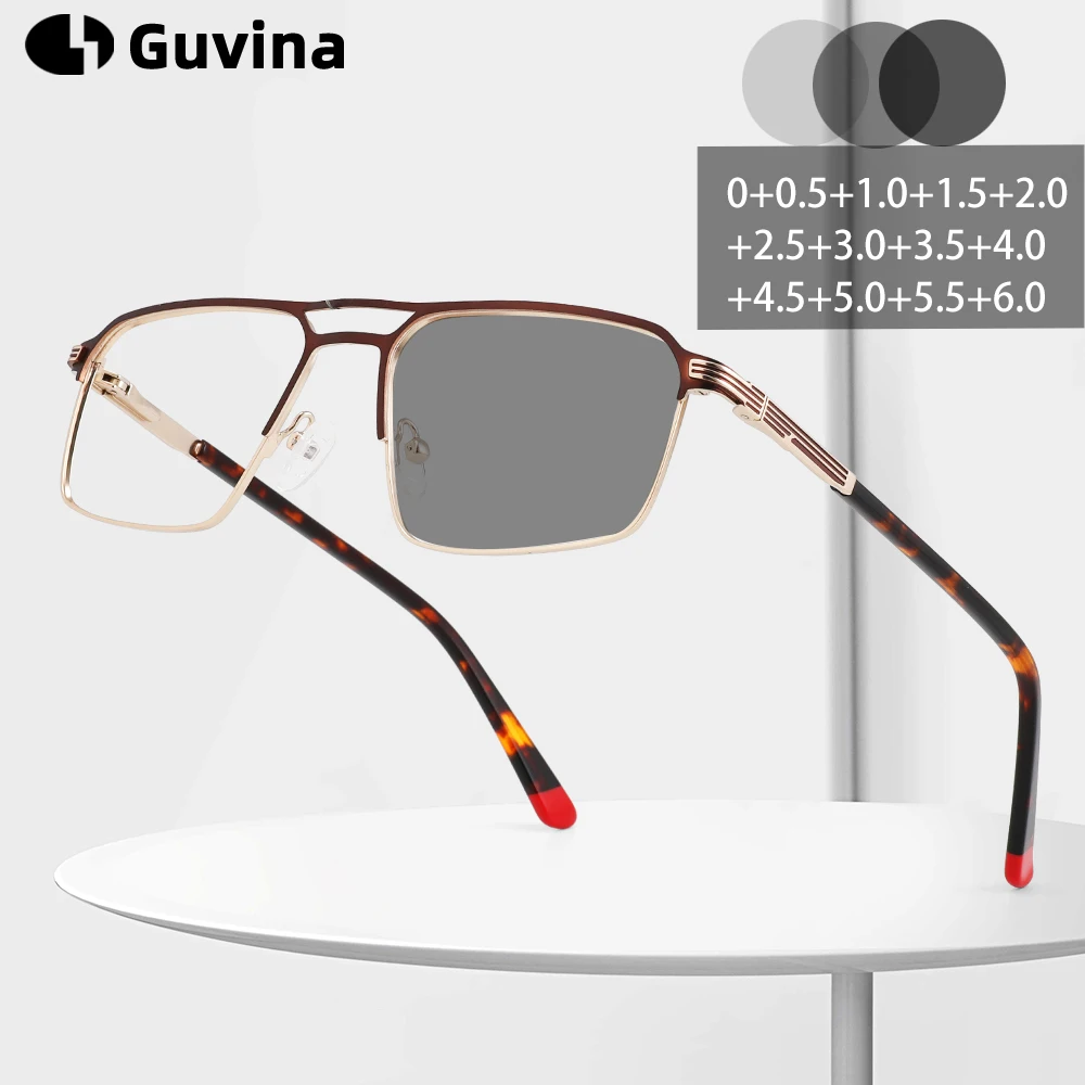 

Guvina Photochromic Reading Glasses for Men, Durable Square Frame, UV400 & Anti-Blue Light, Clear to Dark Transition Lenses +1