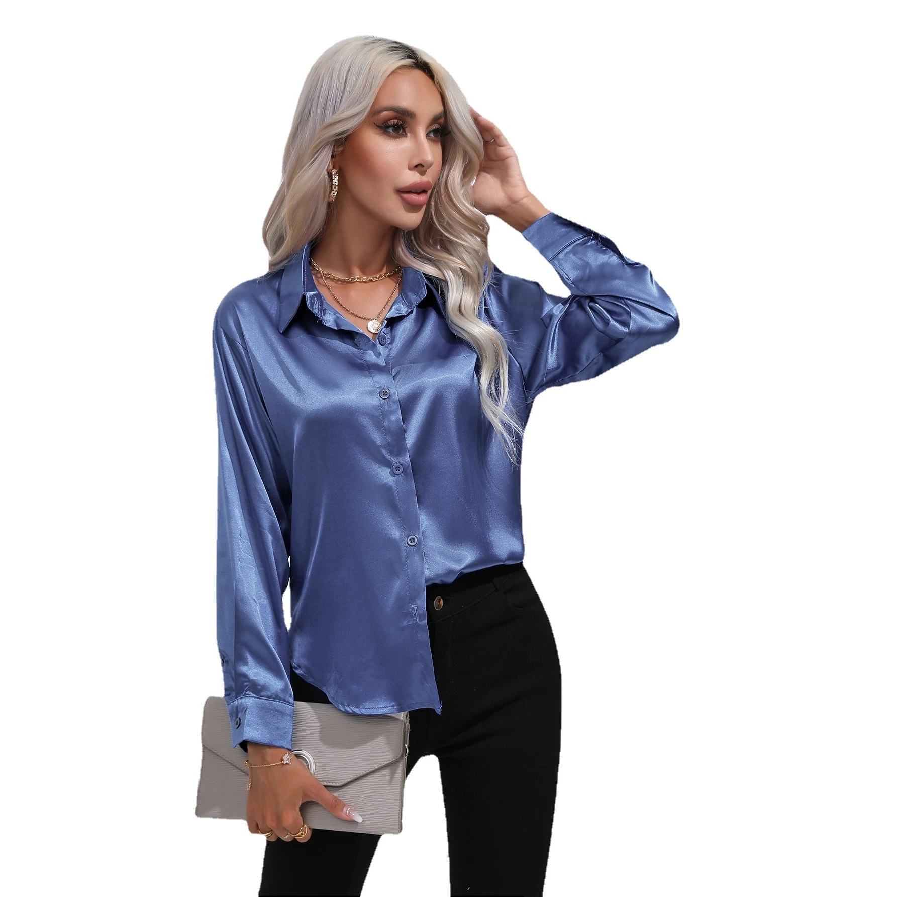 Cárdigan largo de seda de imitación satinada para mujer Sve irt European Sle Faionable Ele con cierre de un solo botón Dr irt