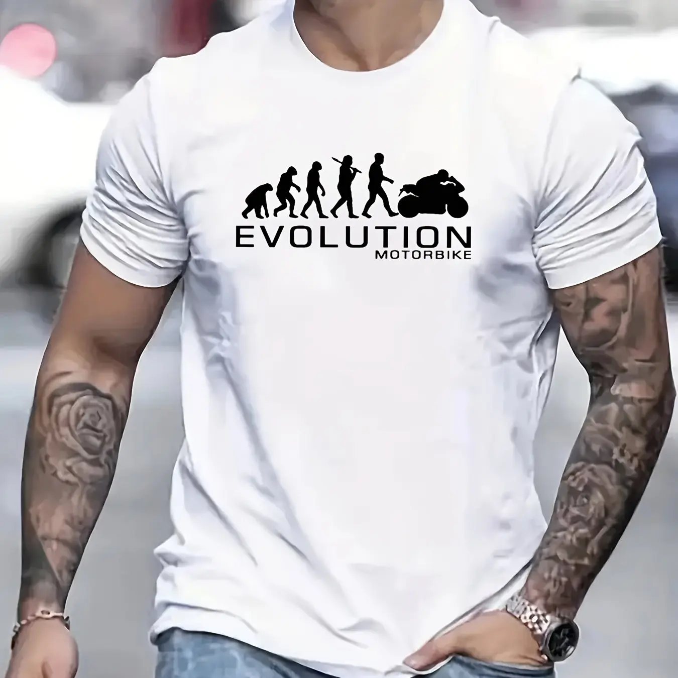 Men's 100% Cotton Summer Crew Neck T‑Shirt, Evolution Motorcycle Pattern Print, Fashion Casual Loose‑Fit Daily Short Sleeve Top