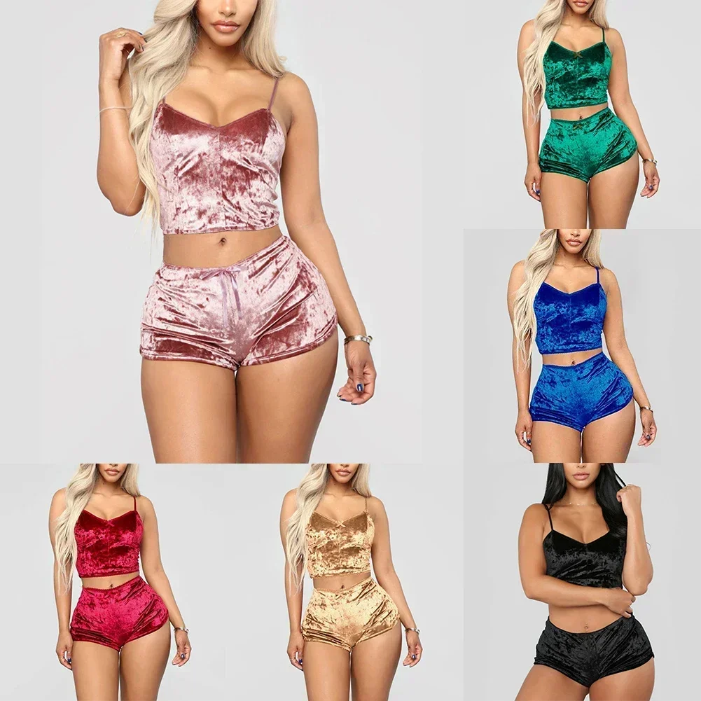 Ropa de dormir Sexy de verano para mujer, lencería con cuello en V, ropa de dormir con tirantes, Tops cortos, pantalones cortos, conjunto de pijama,