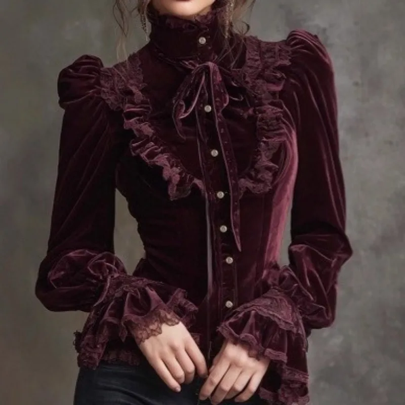 

2025 New Vintage Elegant Women's Velvet Blouse Victorian High Neck Ruffle Lace Trim Puff Sleeve Button Down Party Casual Blouse