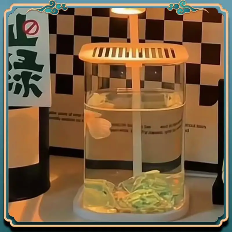 

(New)-Mini Desktop Glass Aquarium Fish Tank With With Colored Crystal LED Light Desktop Ornaments High-End Ornamental Lamp