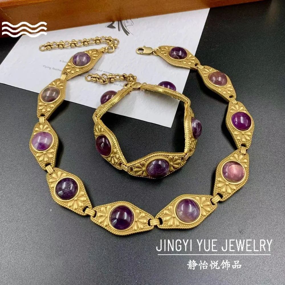 

2026 Retro Fashion Medieval Vintage Turquoise Bracelet Necklace Elegant Jewelry Tiger Eye Stone Big Heavy Statement Jewelry Set