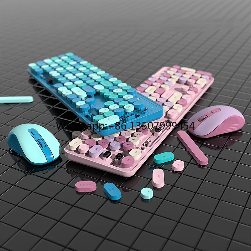 Pink Blue Purple Silent Colorful Wireless Keyboard with Round Keycaps 2.4G USB Cordless Wireless Keyboard and Mouse Combo