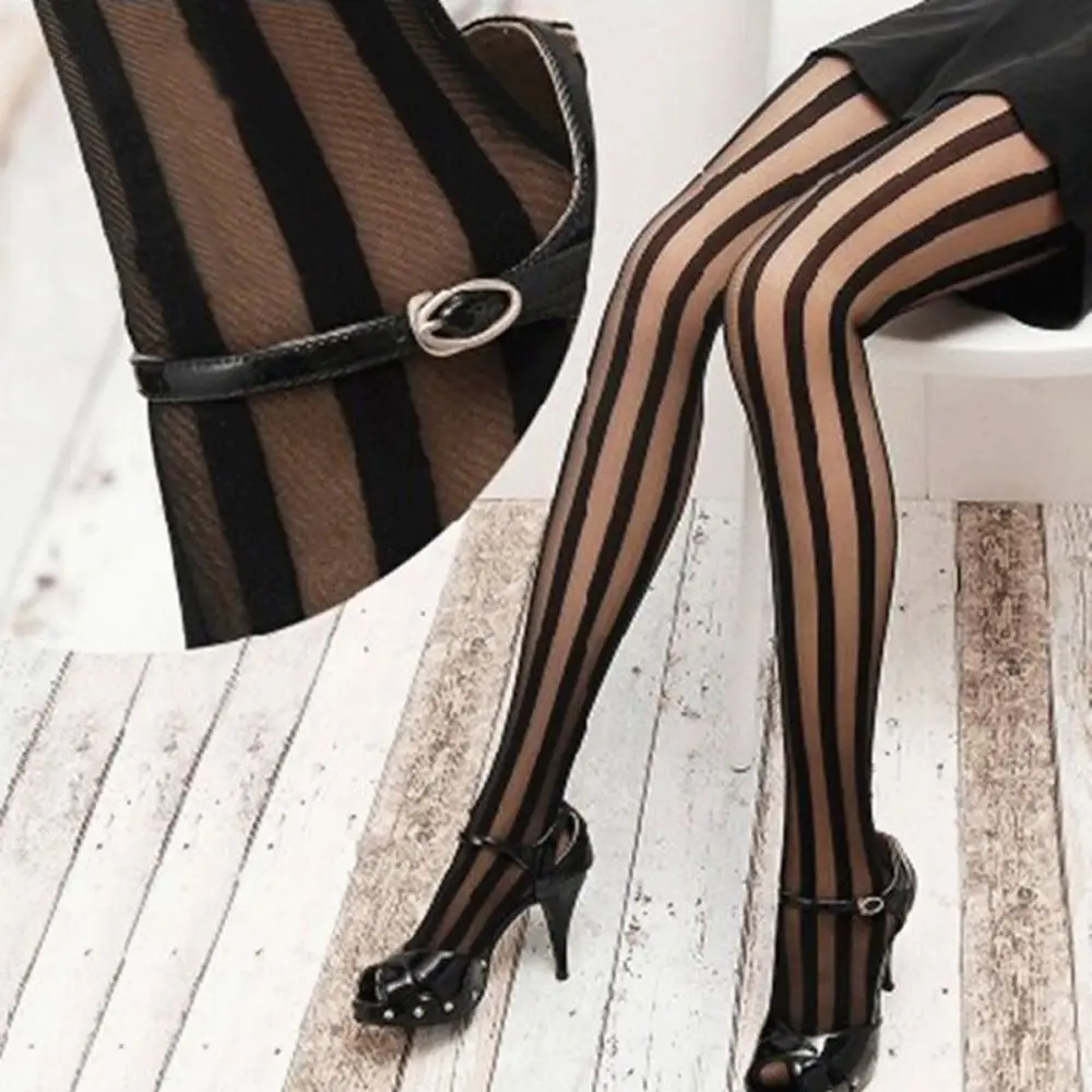 NEUE Mode Frauen Sexy Schwarz Vertikale Streifen Muster Strümpfe Strumpfhosen Strumpfhosen