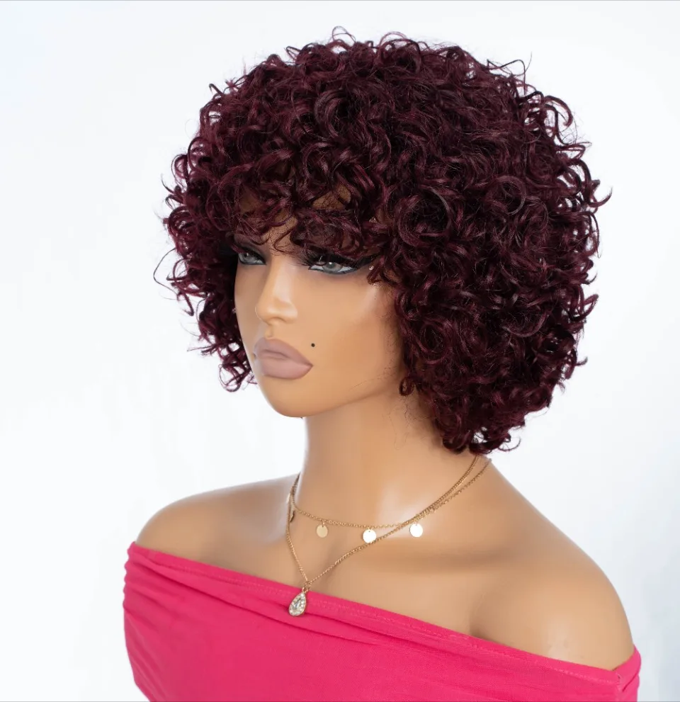 

99J Burg Fluffy Pixie Cut Short Curly Human Hair Wigs with Bangs Perruque Cheveux Humain Short Human Hair Wigs for Black Women