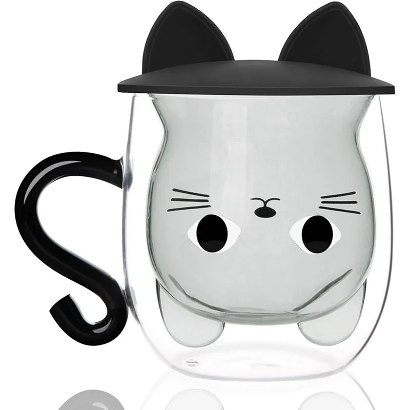 Double Walled Glass Mug with Lid for Women, Cute Cat Mugs, Women's Gifts, 8.5oz(250ml), Tea Coffee Cup, Birthday Present