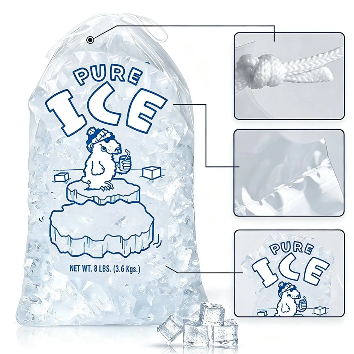 100pcs Ice Bags 8 Lb. with Drawstring, 50 Pack Plastic Bags, 17.8 X 11 Inch Portable Storage and Freezer Keeper
