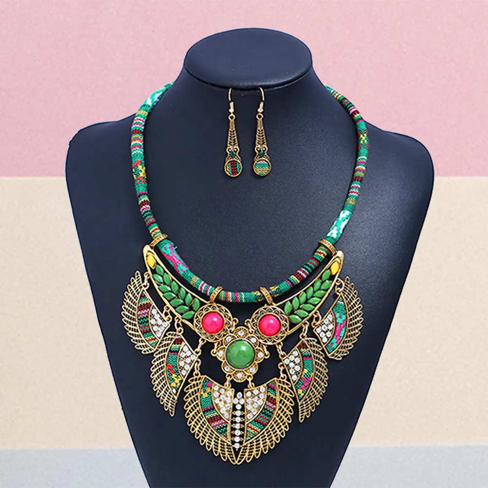 Trendy Bohemia Jewelry Necklace Earring Set Vintage Green Simple Generous Design for Wedding Birthday Gift Bohemian Jewelry Set