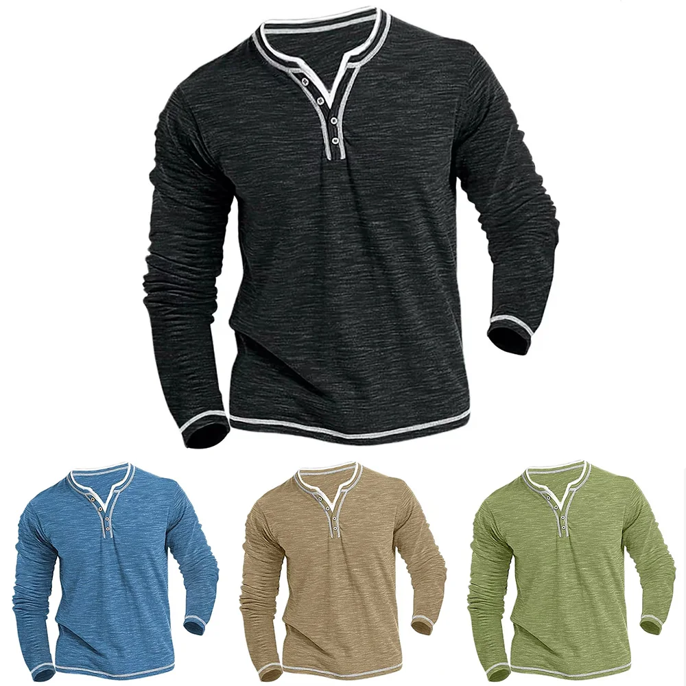 New Cotton V-neck Long Sleeve Men's T-shirts Autumn Spring Casual Comfortable Soft T-shirt Breathable Stretch Henley Button Tops