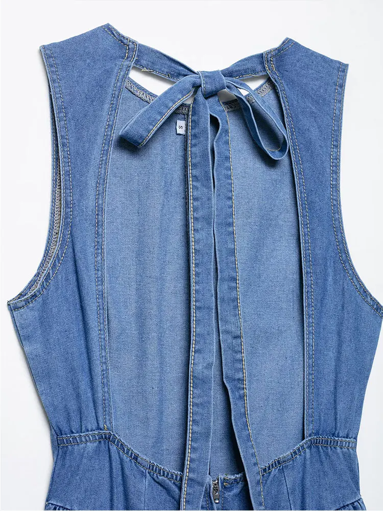 فستان نسائي صيفي أنيق طويل من قماش الدنيم موديل 2025 بدون أكمام بدون ظهر للحفلات فستان أنيق للعطلات