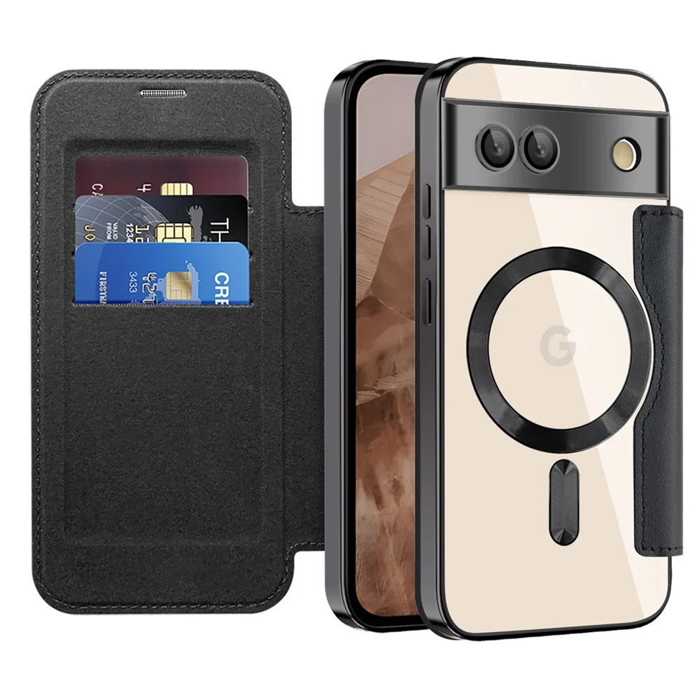 Luxury Leather Wallet Card Clip Magnetic Clear Phone Case for Google Pixel 9 Pro XL 8A 7A Plating Wireless Charging Flip Cover