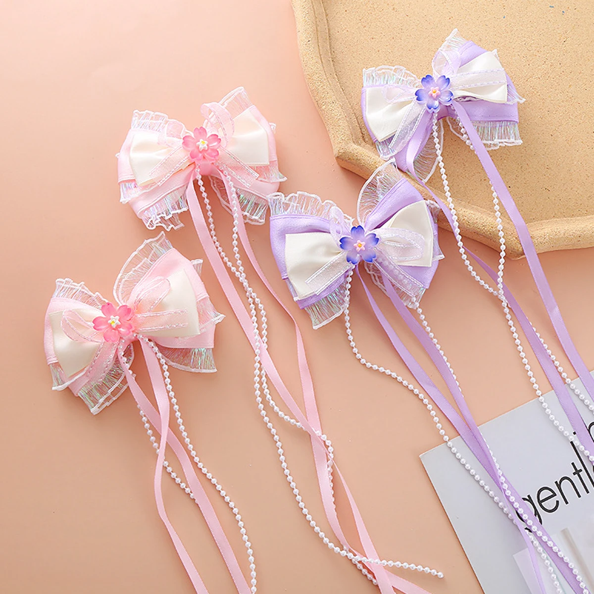 Long Ribbon Bow Hair Clip Sakura Princess Hair Clip Sweet Pearl Tassels Duckbill-clip Lolita Hair Accessory for Girl