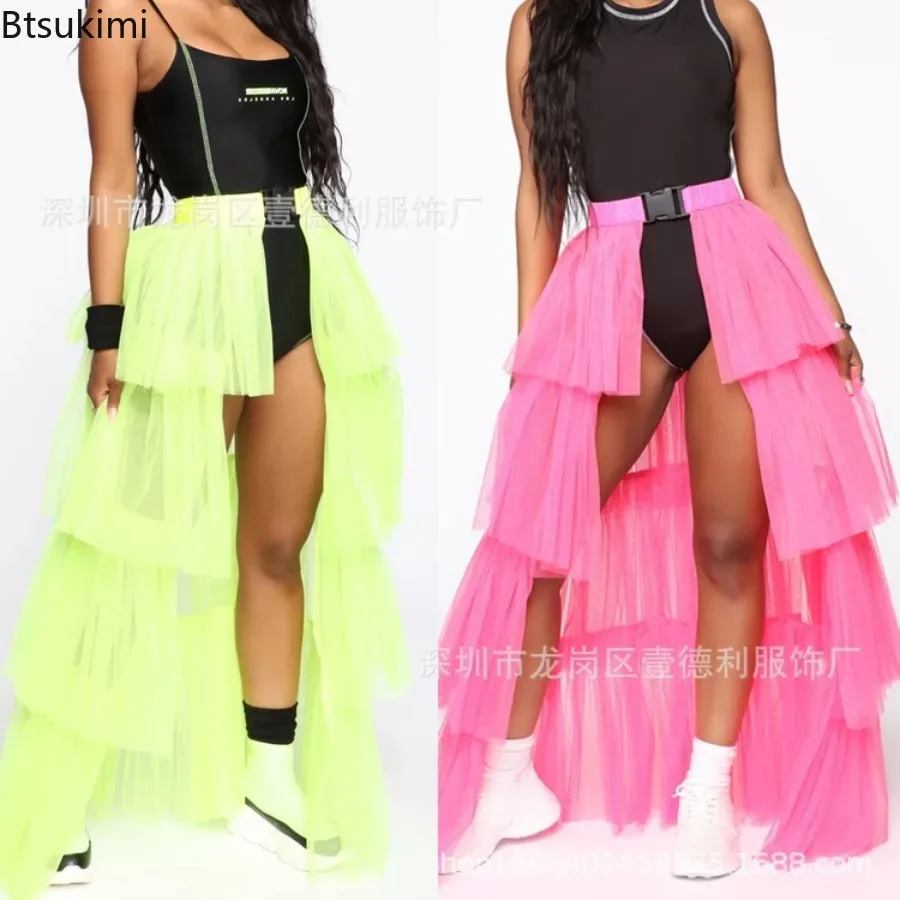 2026 Women's Party Vacation Long Skirts Sexy Mesh Splicing Sheer Tulle Skirts Fluffy A-Line Swing Skirt Fashion Women Streetwear