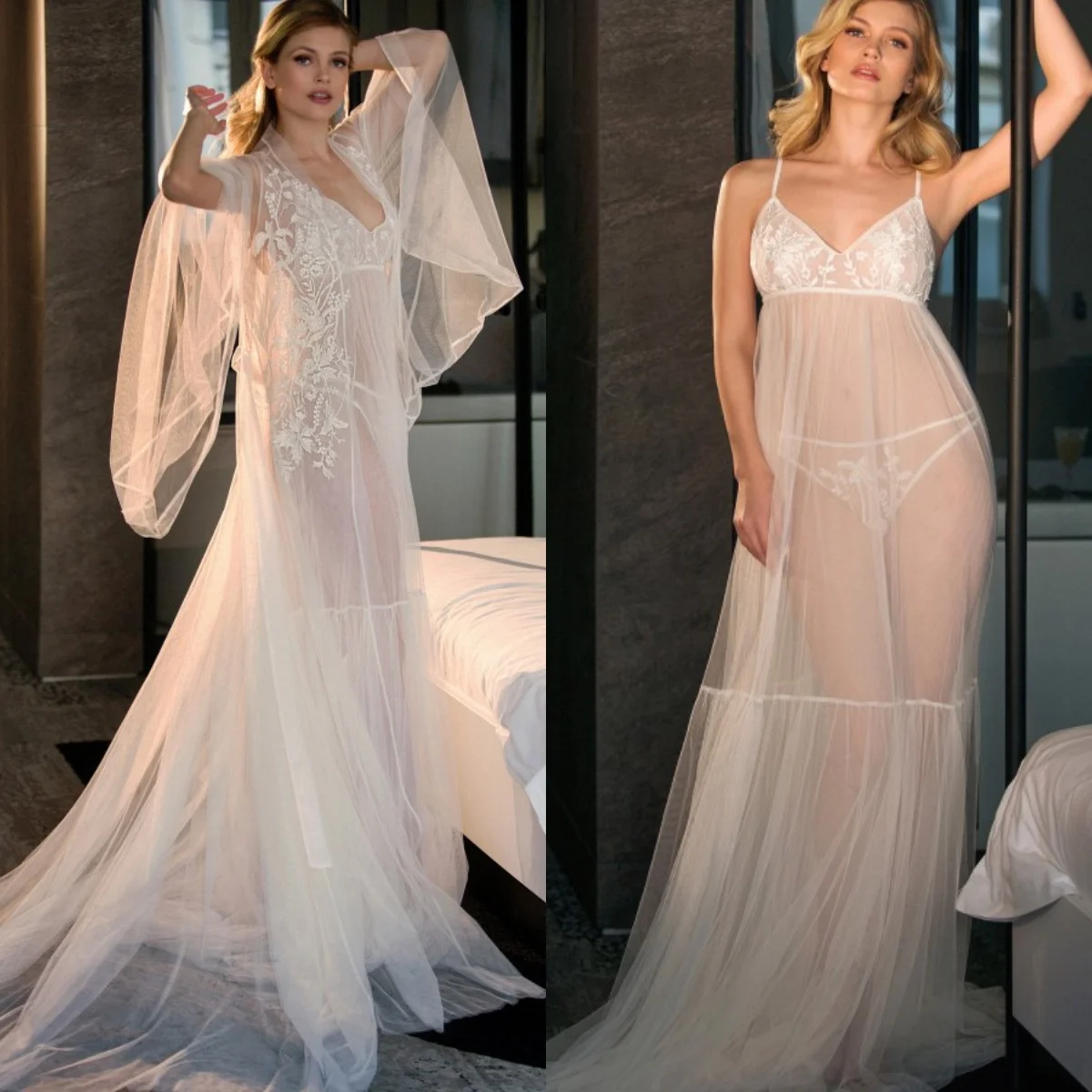 See Throush Set with Lace Decorated Robe And Nightgown Bridal Wrap Photo shoot Maternity Dressing Gowns for Photography