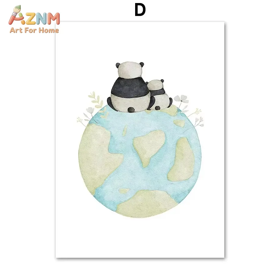 AZNM Watercolor Cute Panda Family on Earth Nursery Canvas Wall Art Print Decor