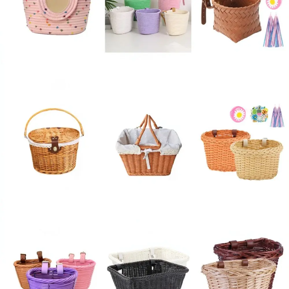 Woven Children Bicycle Basket Front Handlebar Bag Retro Kids Bike Carrier Storage Organizer For Scooter Outdoor Riding
