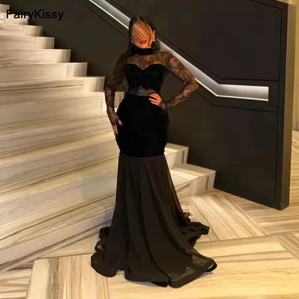 

FairyKissy Elegant Lace Tulle Party Dresses Women Evening Dress Black Velvet Mermaid Floor Length Occasion Gowns Customized