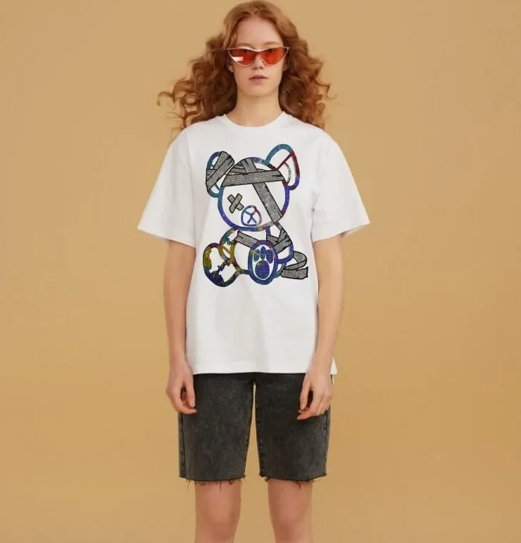 2025 Cartoon Short Sleeve T Shirt for Women Summer Clothes Bear Diamonds Fashion Streetwear O Neck 100% Cotton Womens T-shirts