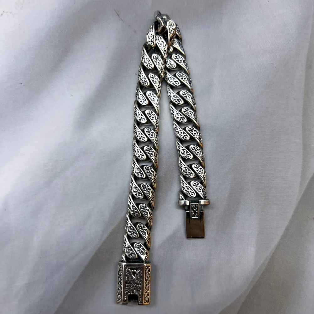 Pulsera Cubana Antigua de Plata de Ley S925 para Hombre, con Grabado Floral Intrincado, Cadena Gruesa Tipo Curb, Estilo Biker, Joyería de Moda