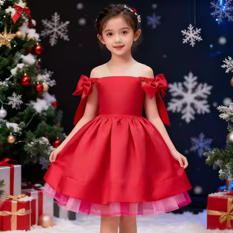 Children's Girly Dresses Red New Year Dress For Girls Party Dresses Christmas Girl Princess Off-shoulder Elegant Evening Dress