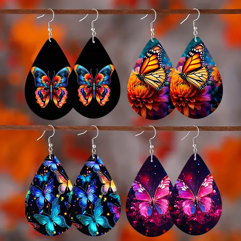 SOMESOOR Colorful Butterfly Earrings Wooden Dangle Jewelry For Kids With Waterdrop Shape & Fun Patterns Printing Female Gifts