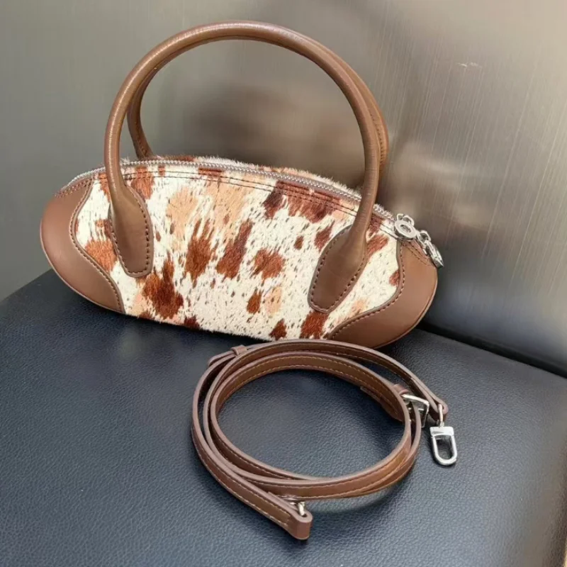 

Luxury Horsehair Bowling Bag Retro Leopard Pattern Women Handbag Fashion Color Contrasting Design Single Shoulder Crossbody Bag