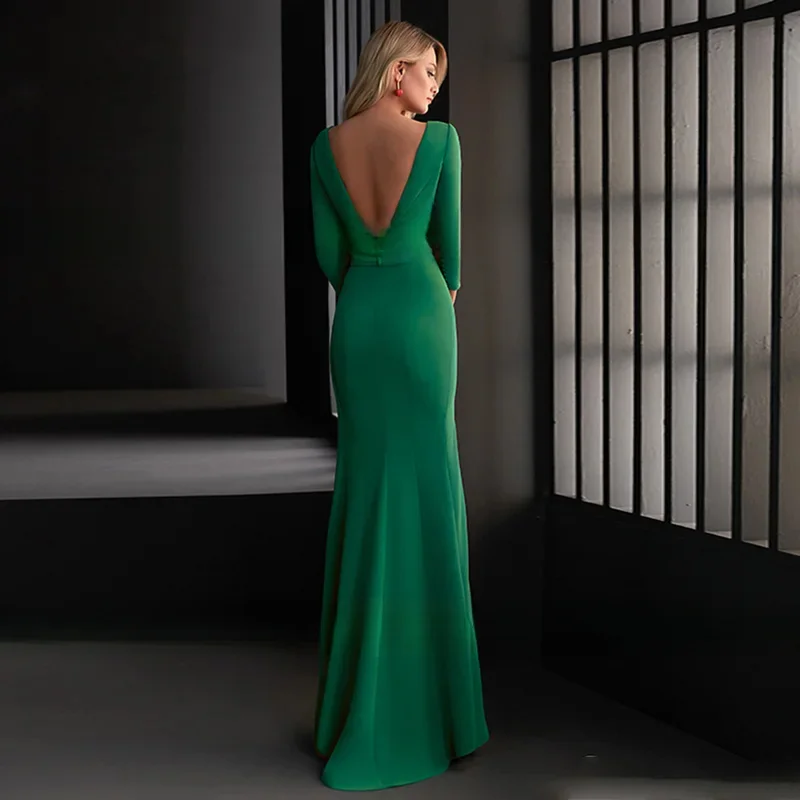 Elegant Green Mother of the Bride Dresses V Neck 3/4 Sleeves Mermaid Wedding Party Gowns Floor Length Front Slit فساتين السهرة