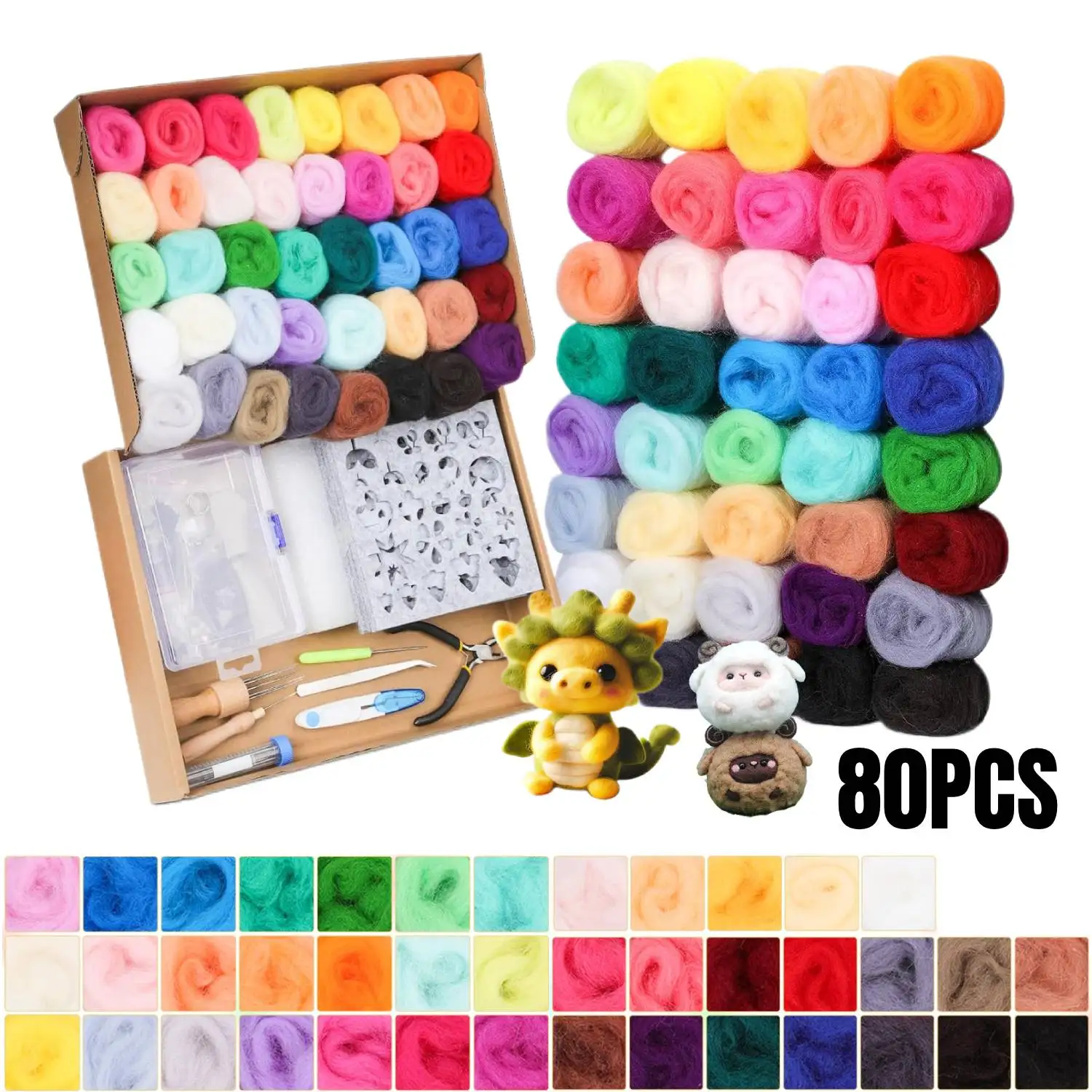 

80PCS Needle Felting Starter Kit, Wool Roving 40 Colors Set, Wool Felt Tools with Instruction