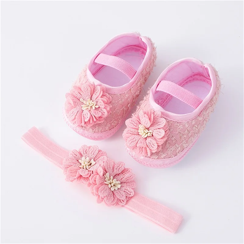 Michellecmm Set 2 pezzi Set scarpe basse per neonate Set suola morbida fascia elastica per fiori antiscivolo Toddler Mary Jane Flats con fascia per capelli