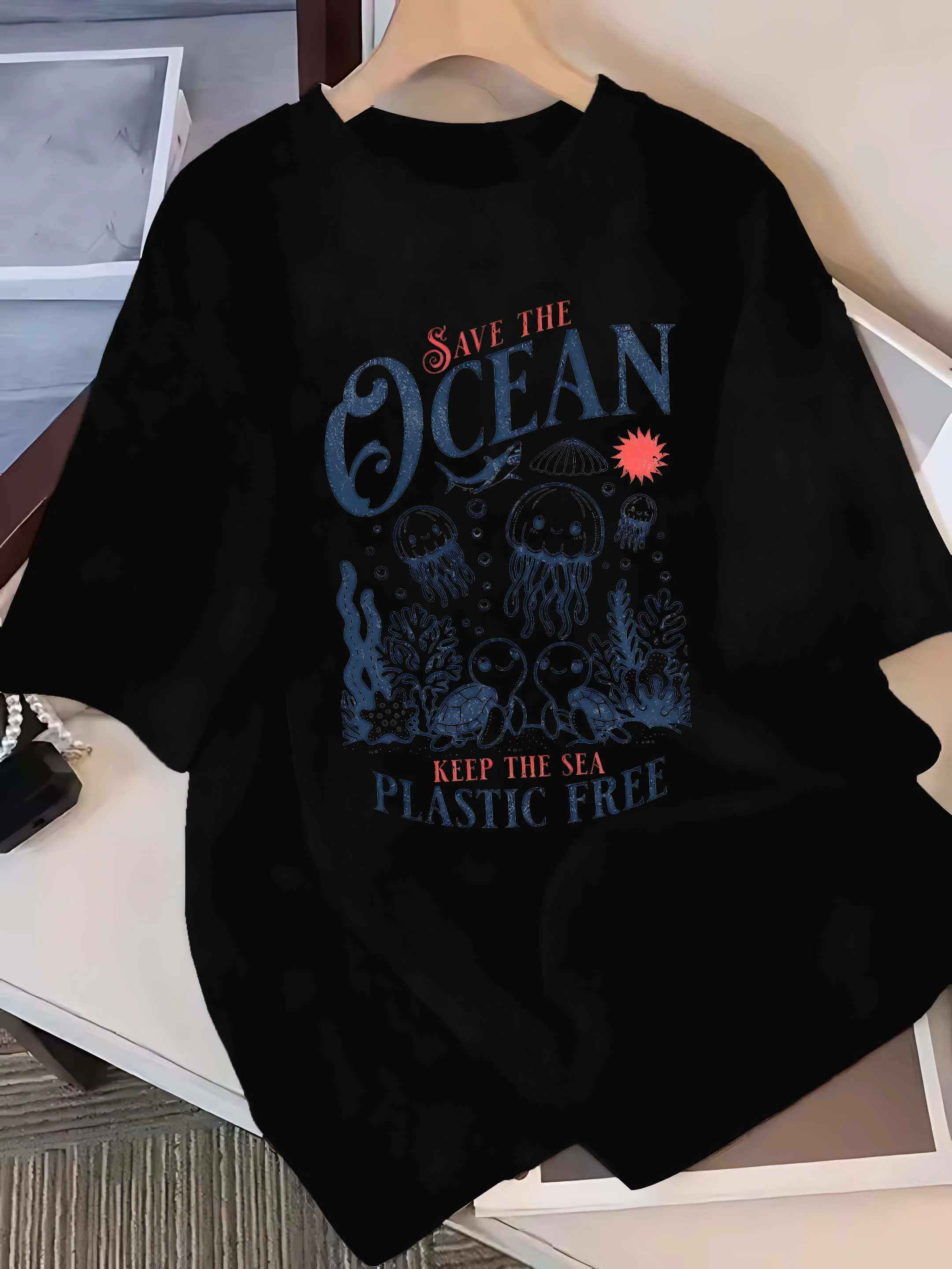 플러스 사이즈 6색 반소매 티셔츠: "SAVE THE OCEAN" 해양 생물 및 플라스틱 - 무료 그래픽