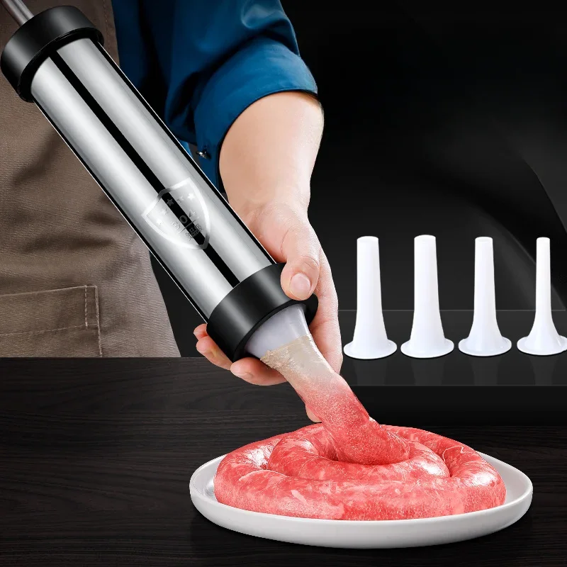 Embutidora de salchichas de acero inoxidable, pistola seca, jeringa de carne Manaul, herramienta de salchichas casera hecha en casa, herramienta de relleno de salchichas pequeñas