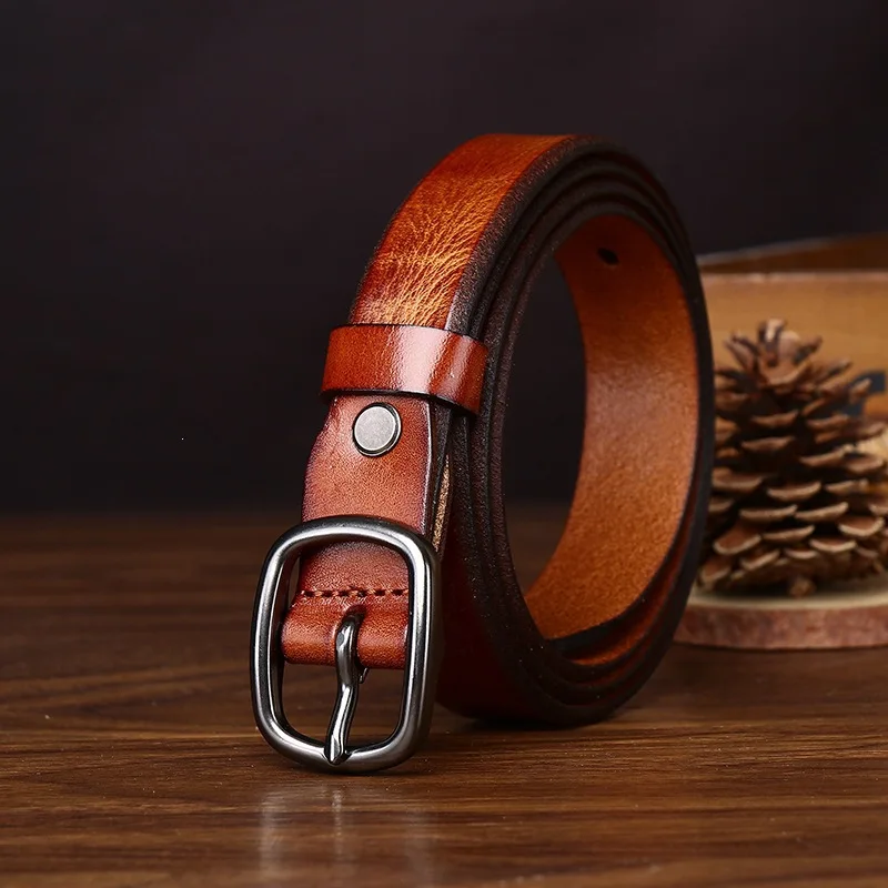 2.4CM Pure Cowhide High Quality Genuine Leather Thin Belts for Women Brand Strap Vintage Jeans Cowboy Leisure Needle Buckle Belt