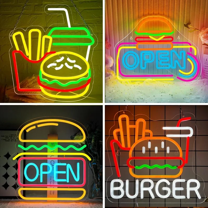 

Burger Open Neon Signs For Wall Decor Hamburger Food Shop Business LED Lights Room Decor For Restaurant Kitchen Party Bar Club