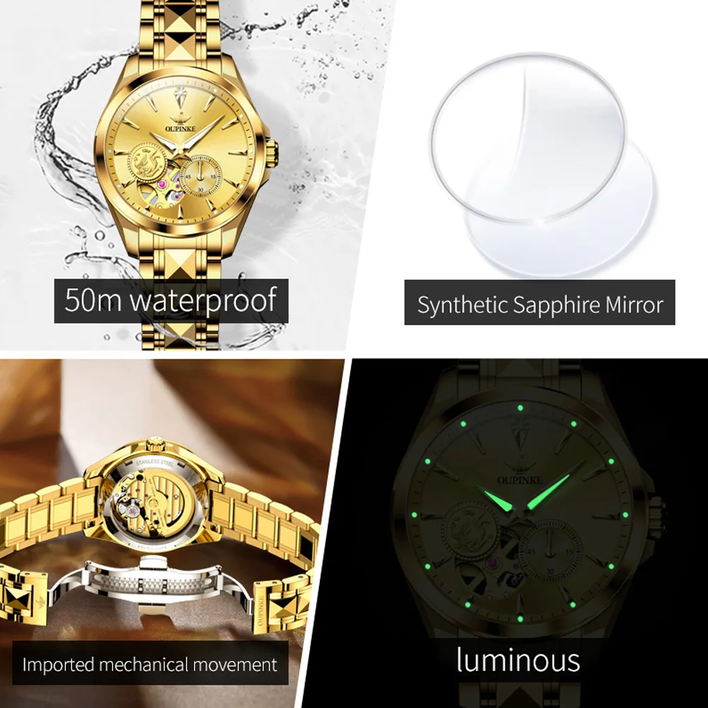 OUPINKE 3260 Women Watch Luxury Fully Automatic Mechanical Watch High end Hollow out Phoenix True Gold True Diamond Women Watch