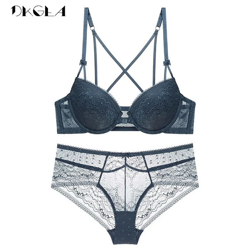 Front Closure Bra Panties Sets Lace Embroidery Women Lingerie Set Gather Brassiere Black Thick Push Up Bras Sexy Underwear Set
