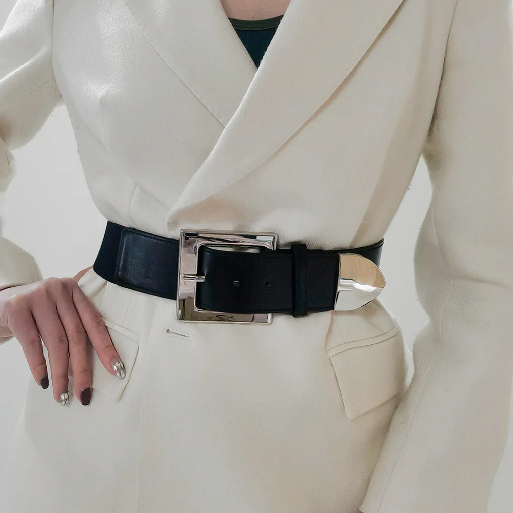 Fashionable Women’s Square Buckle Versatile Elastic Waist Belt  Highly Stretchy Elastic Band Extendable Black Wide Leather Belt
