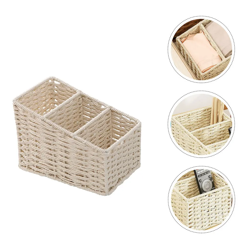 Trapezoidal Three-Grid Desktop Storage Box Simulated Hand-Woven Basket Waterproof Moisture-Proof Plastic Organizer for Desk Home