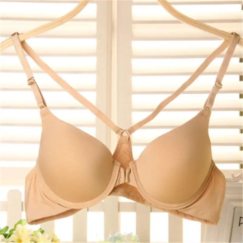 Spring and summer thin style sexy front buckle beautiful back deep V halter neck solid color with steel ring glossy Y-shaped bra