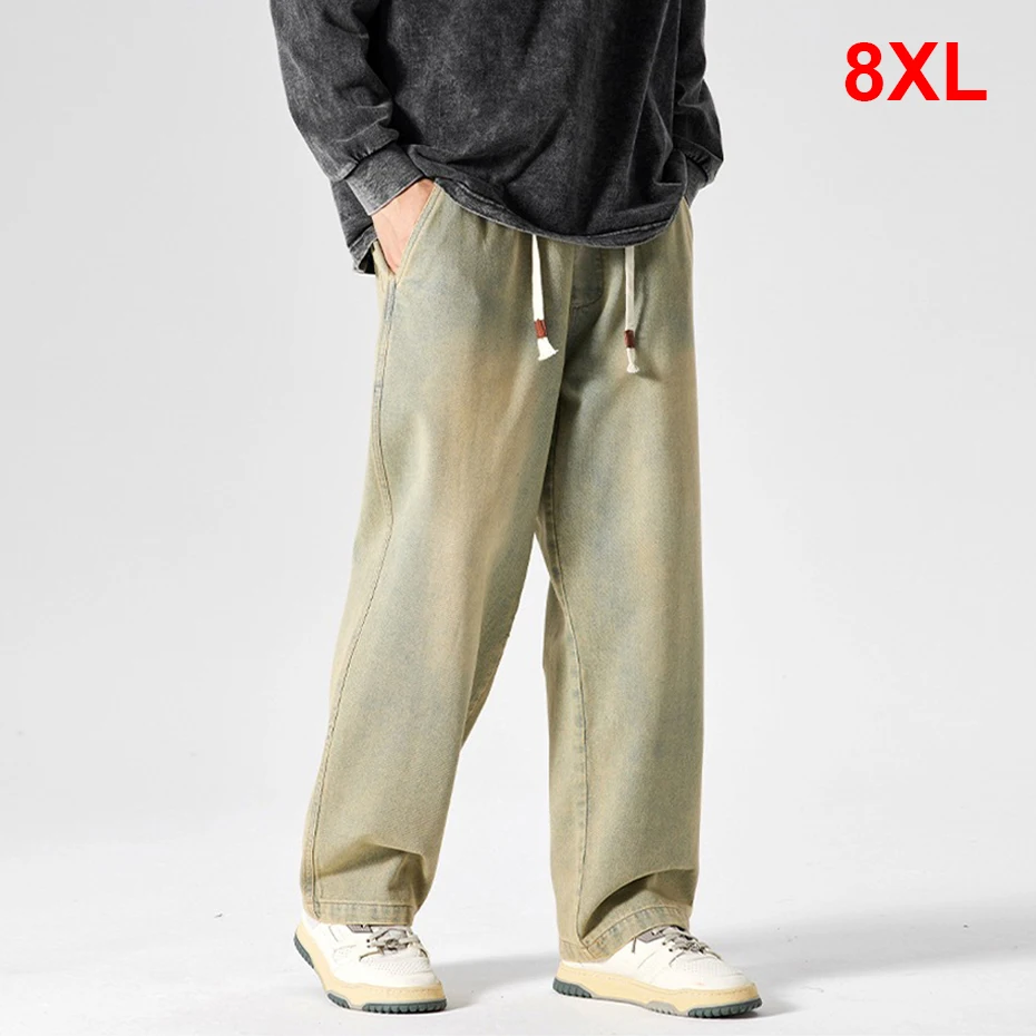 

Vintage Denim Pants Men Elastic Waist Jeans Plus Size 8XL Fashion Straight Pants Male Trousers Big Size 8XL