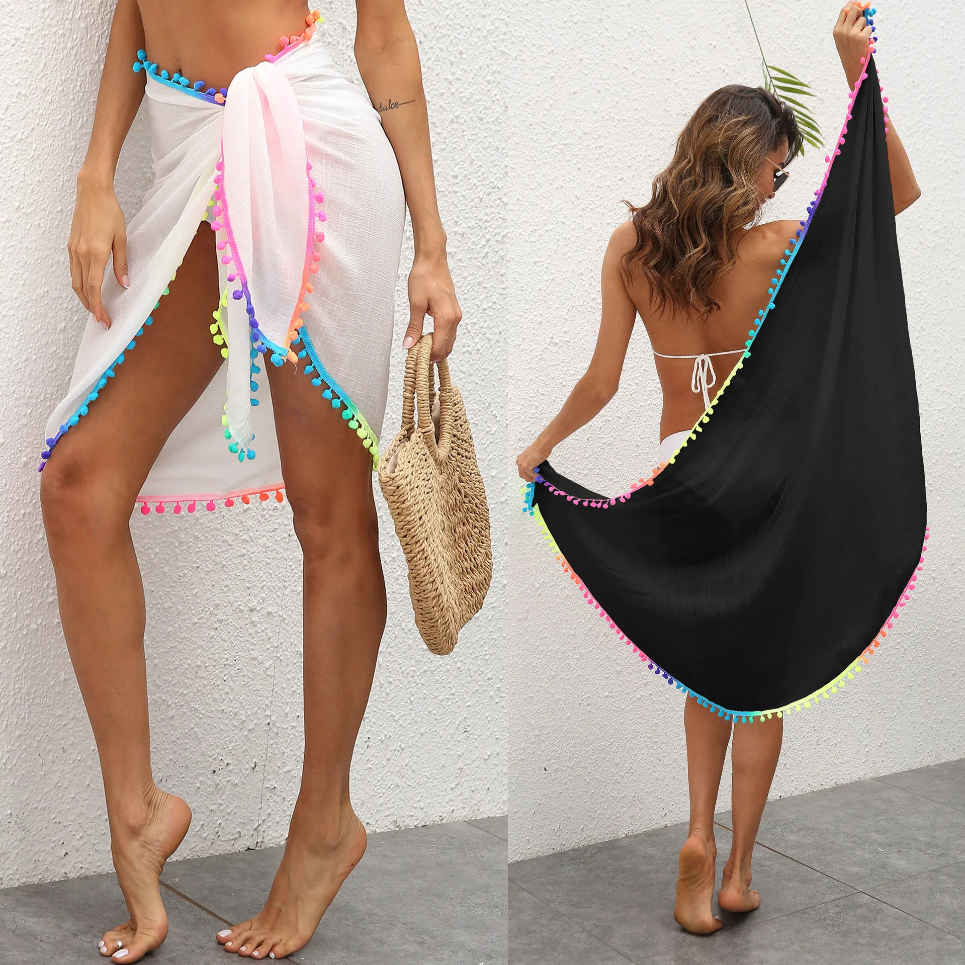 Beach Skirt Color Tassel Patchwork Bandage Irregular Shawl One-piece 2023 New Seaside Holiday Multi-function Shawl Red 2