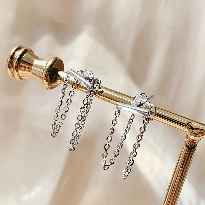 VENTFILLE 925 Sterling Silver  Double Chain Tassel Stud Earrings For Women Minimalist Birthday Gift Party Jewelry 2021 New