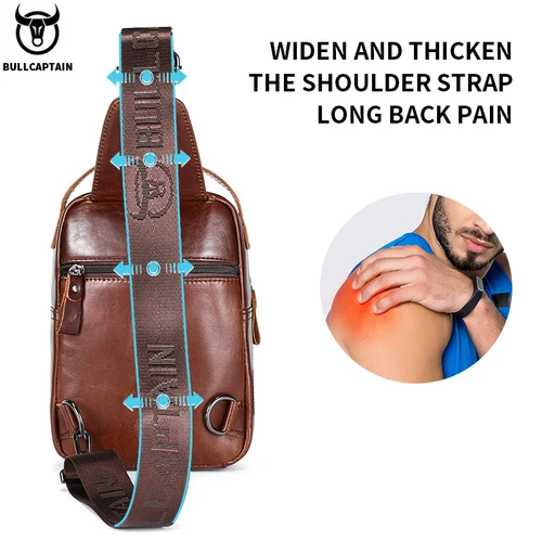 Imagen 2 del producto BULLCAPTAIN, bolso de pecho de cuero genuino para hombre, bolso informal Retro para teléfono móvil de 7,9 pulgadas, bolso cruzado antirrobo multifuncional