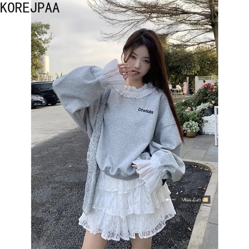 

Korejpaa Lace Patchwork Embroidered Sweatshirt Women Round Neck Hoodie Spring 2024 New Design Casual Long Sleeved Top Fashion