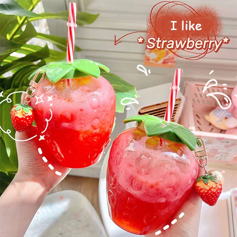 500ml Strawberry Straw Water Bottle Cute Summer Portable Plastic Cup Cartoon Kawaii Girl Student Kids Drinking Cup Juice Bottle