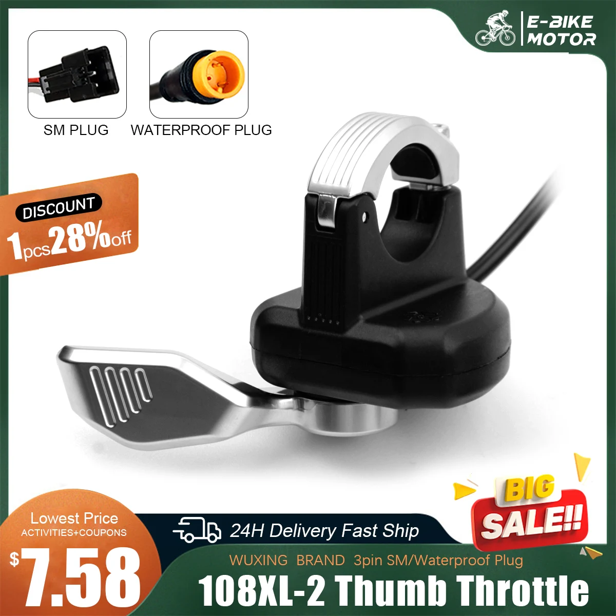 New Modle WUXING 108XL-2 Thumb Throttle 24V 36V 48V Electric Bicycle Left Handle Throttle Waterproof/SM Connector For E Scooter