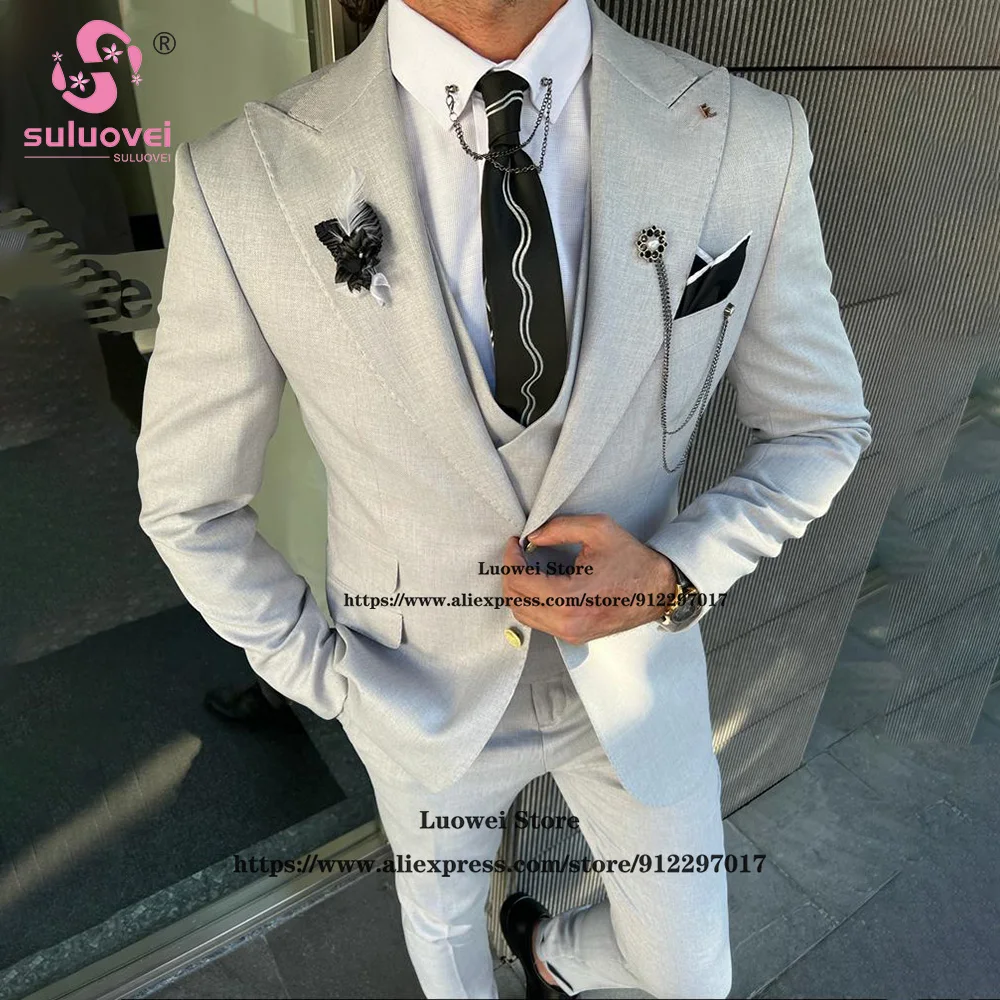 Mode Grau Slim Fit Anzüge Für Männer 3 Stück Jacke Weste Hosen Eingestellt Formalen Bräutigam Hochzeit Erreichte Revers Smoking Männlichen business