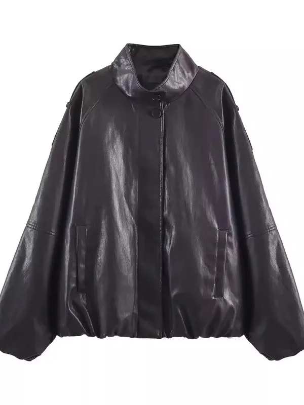 

Faionable Long Sve Faux Leather Stand Collar Jaet New Winter Women's Outerwear Ele Versatile ort Sle PU Material